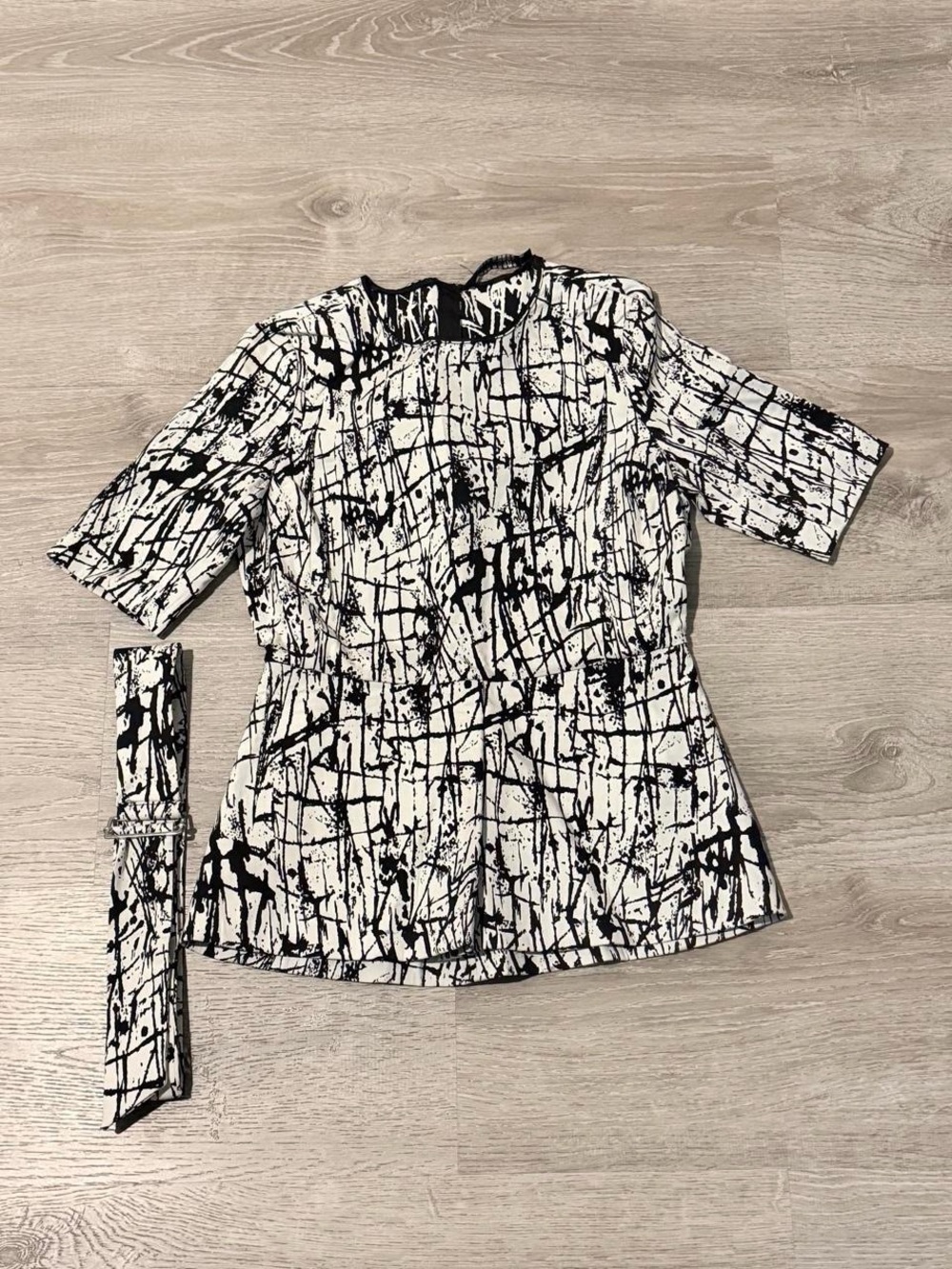 Zara Black & White Abstract Print Peplum Top with Belt